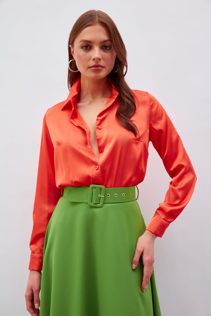 Gömlek Yaka Saten Bodysuit Bluz - ORANJ