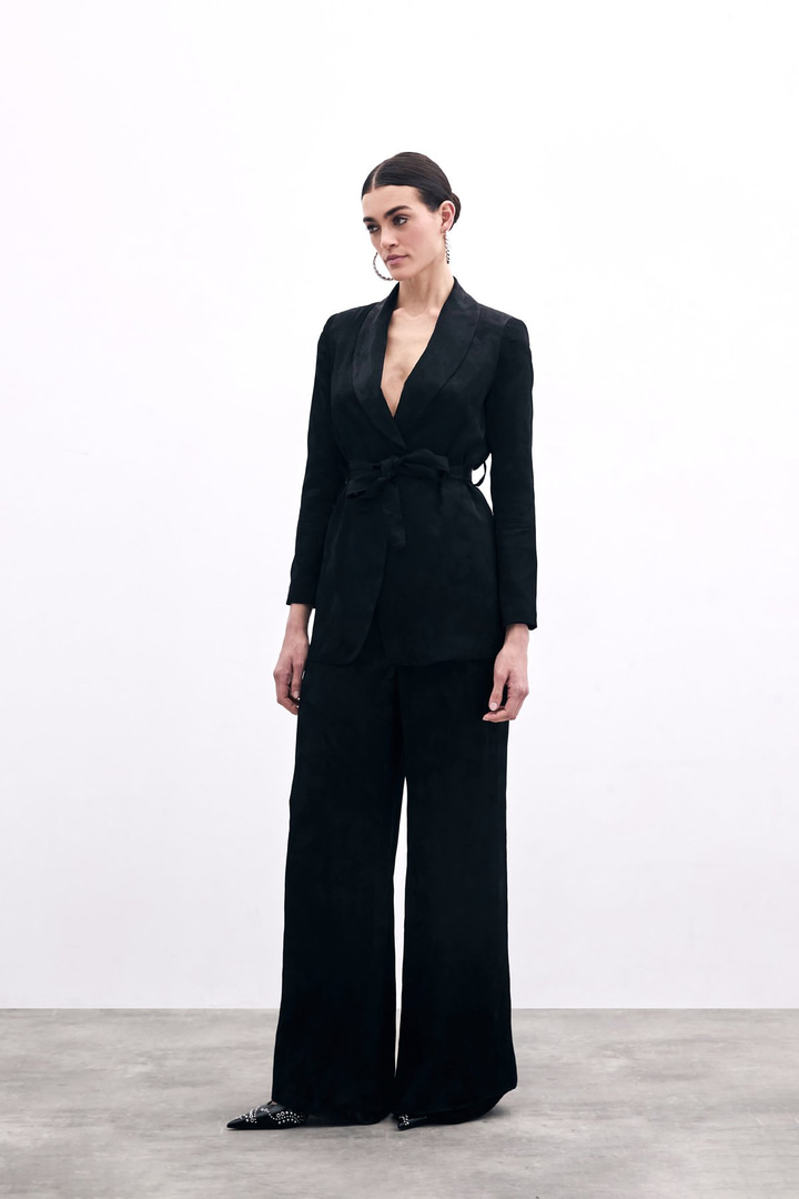 Jakarlı Bol Paça Pantolon - Siyah