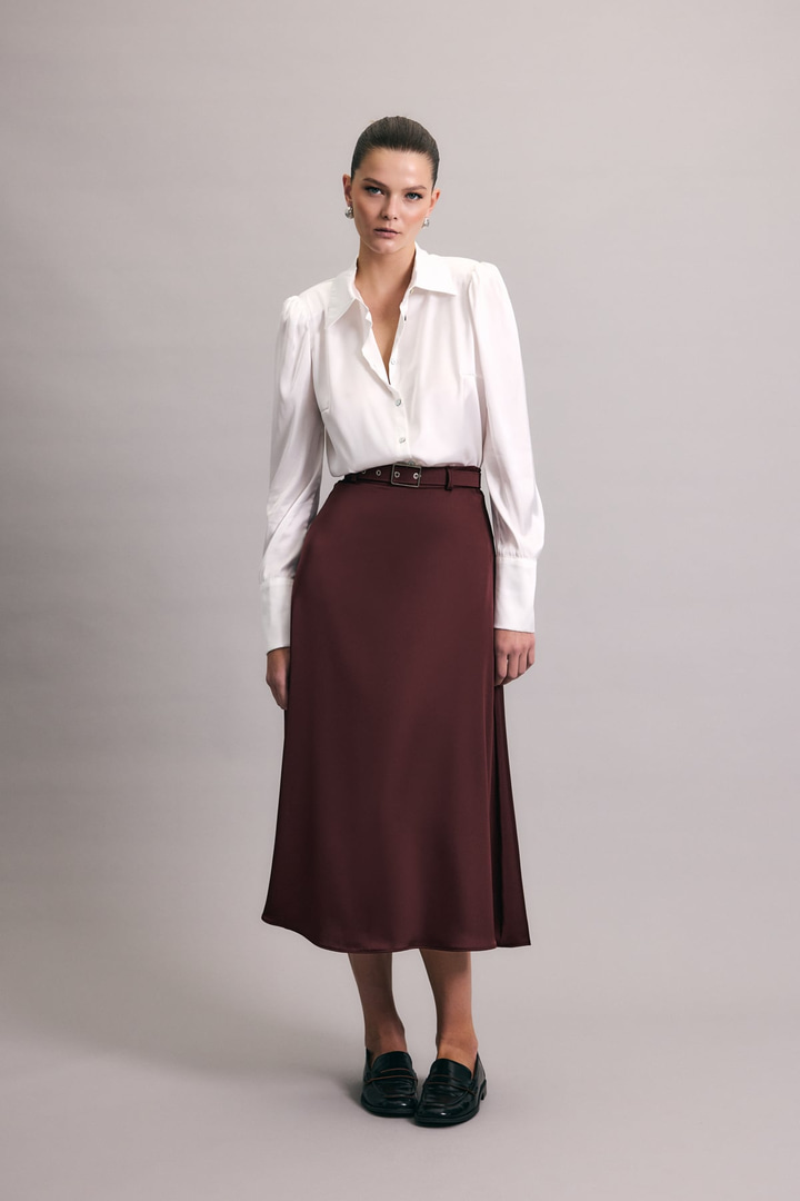 Kemerli Saten Etek - Bordo