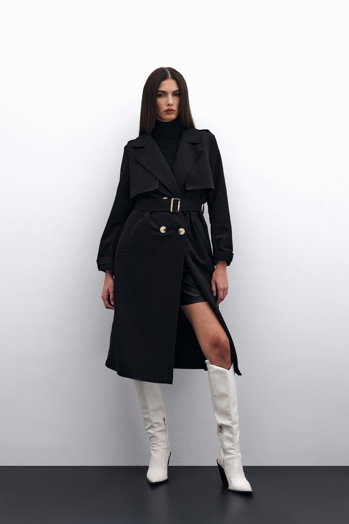 Kemerli Uzun Trençkot - Siyah