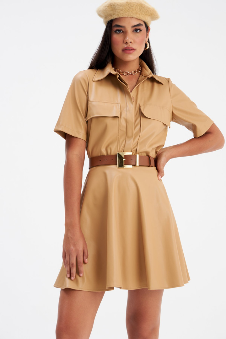 Kloş mini deri etek - BEJ