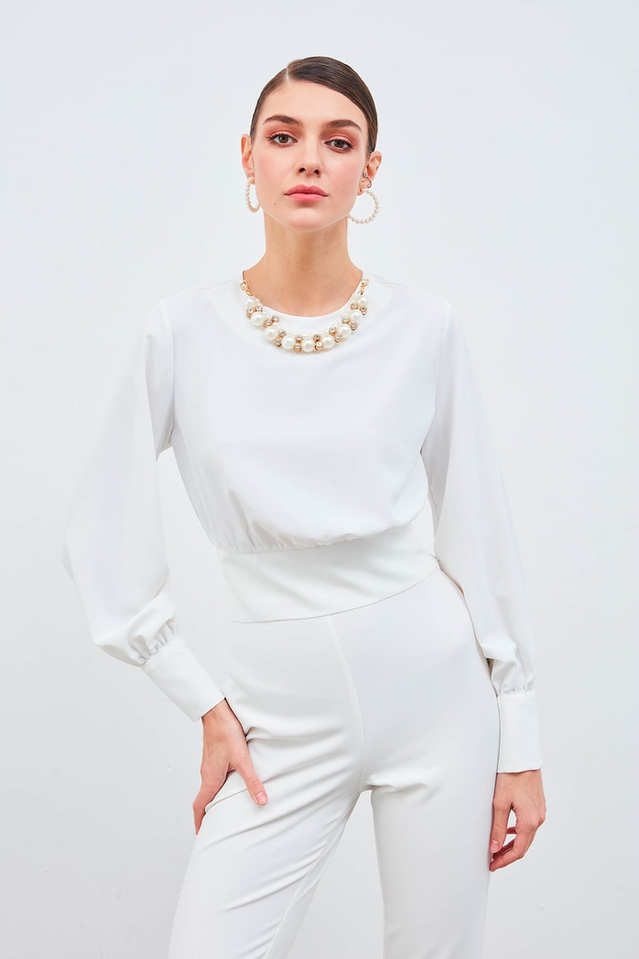 Kolye Detaylı Crop Bluz - EKRU