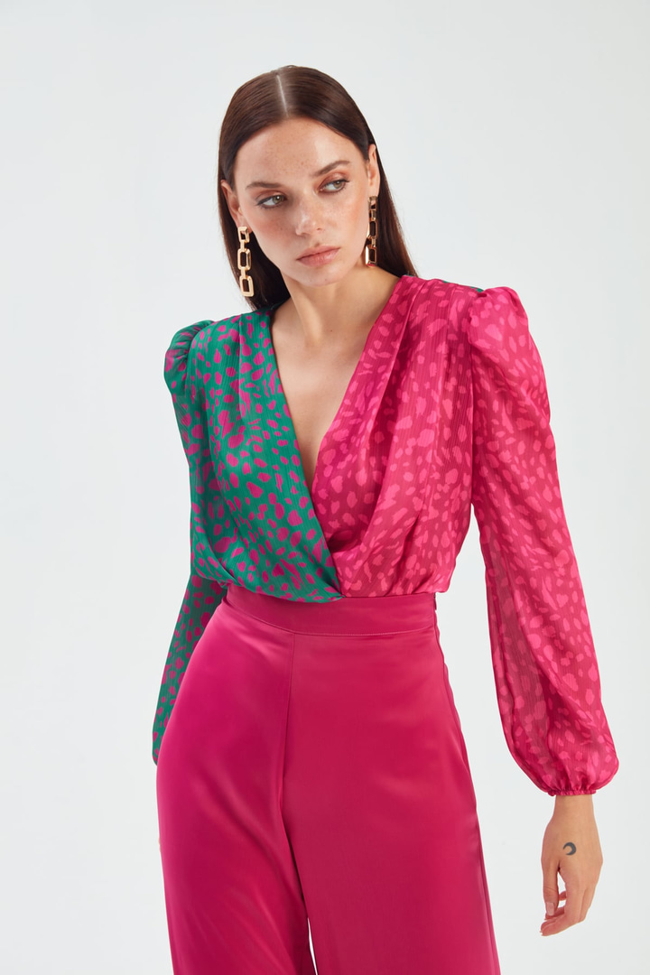 Kruvaze desenli bodysuit - FUŞYA-YEŞİL
