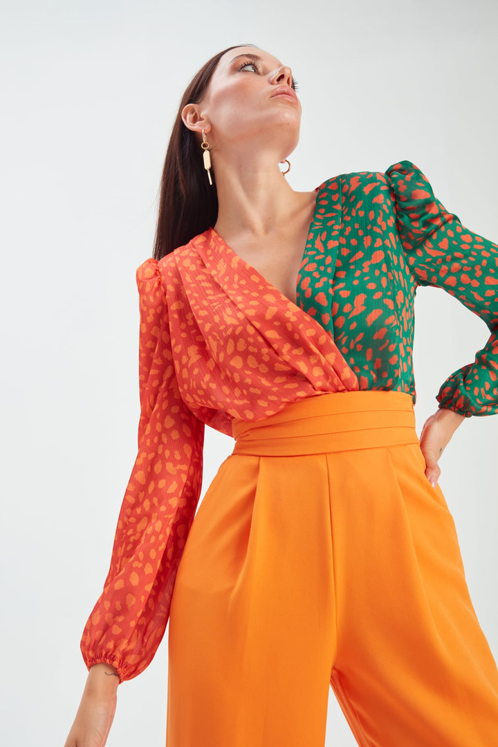 Kruvaze desenli bodysuit - ORANJ-YEŞİL