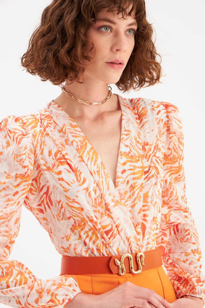 Kruvaze Desenli Bodysuit - TURUNCU