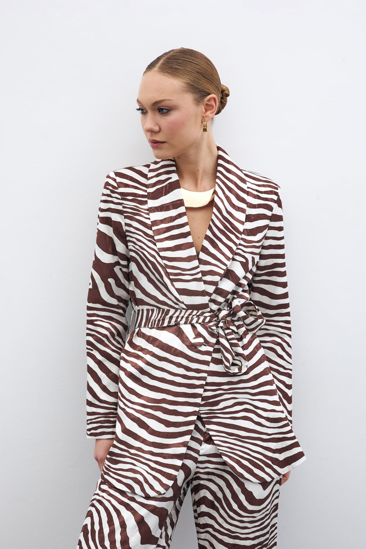 Kuşaklı Zebra Ceket - Kahve