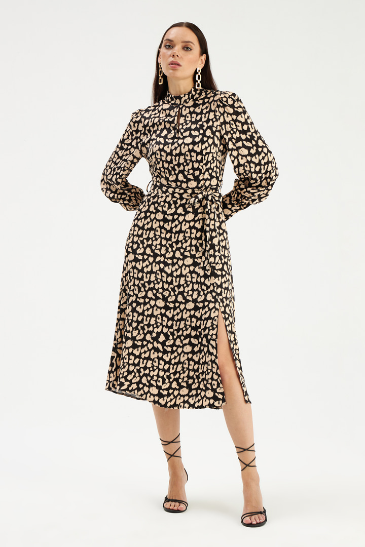 Leopar desenli midi saten elbise - SİYAH