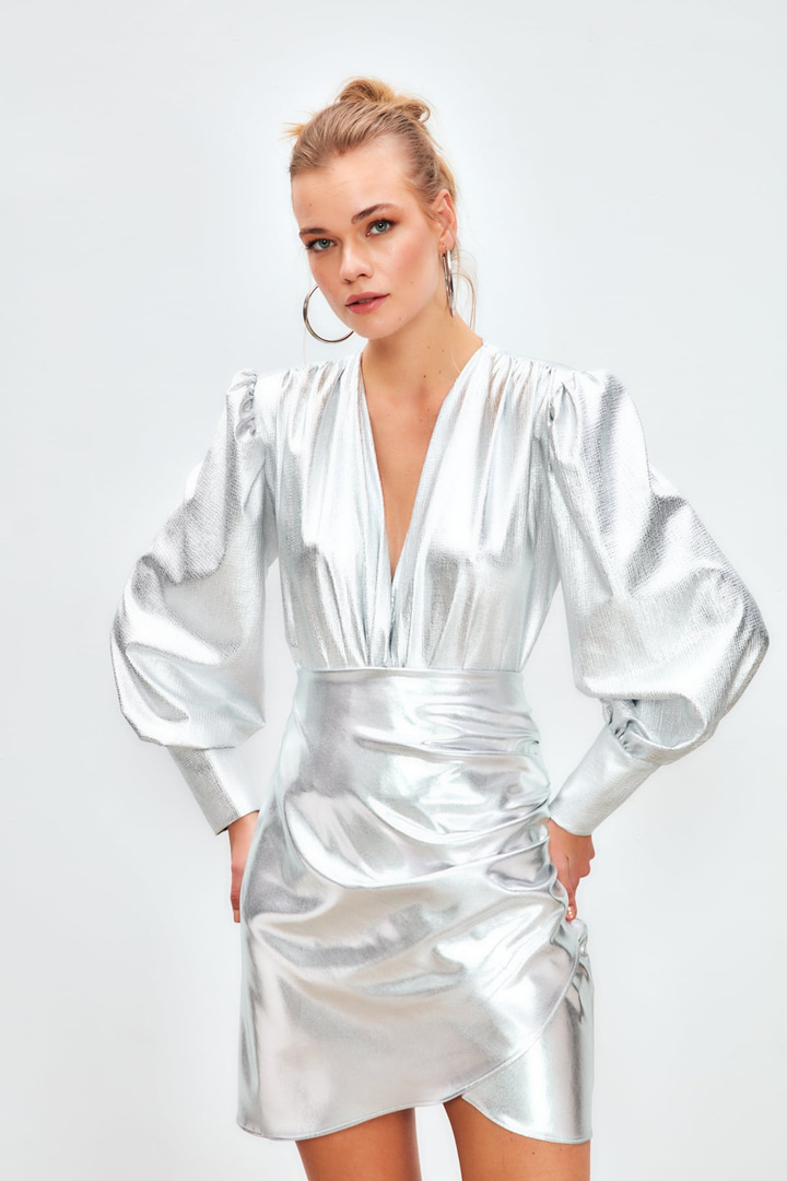 Parlak Bodysuit Bluz - GÜMÜŞ