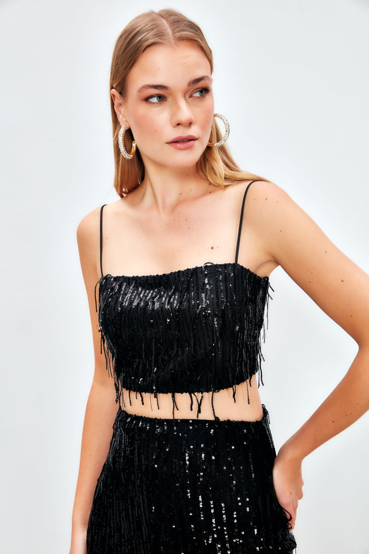 Payetli Crop Bluz - SİYAH