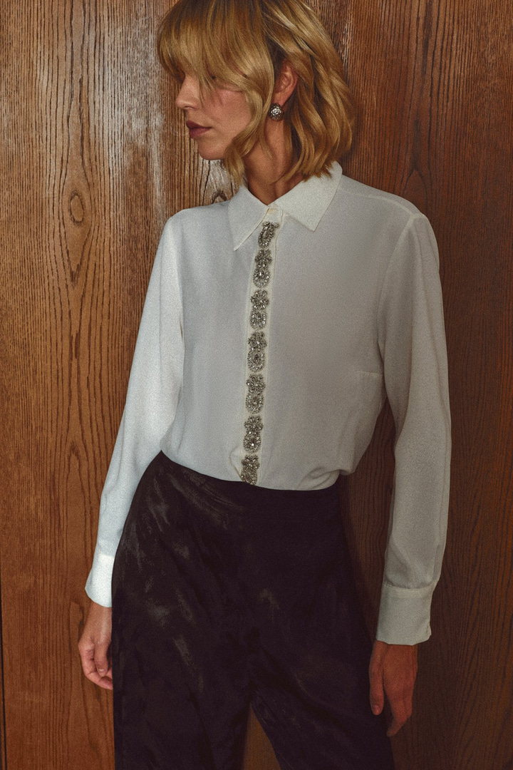 Şerit Aksesuarlı Gömlek - Ekru