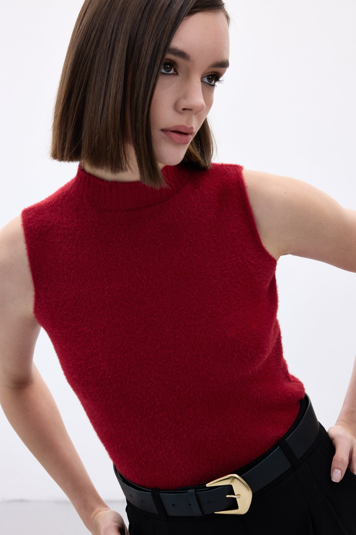 Sıfır Kol Sakallı Triko Bluz - Bordo