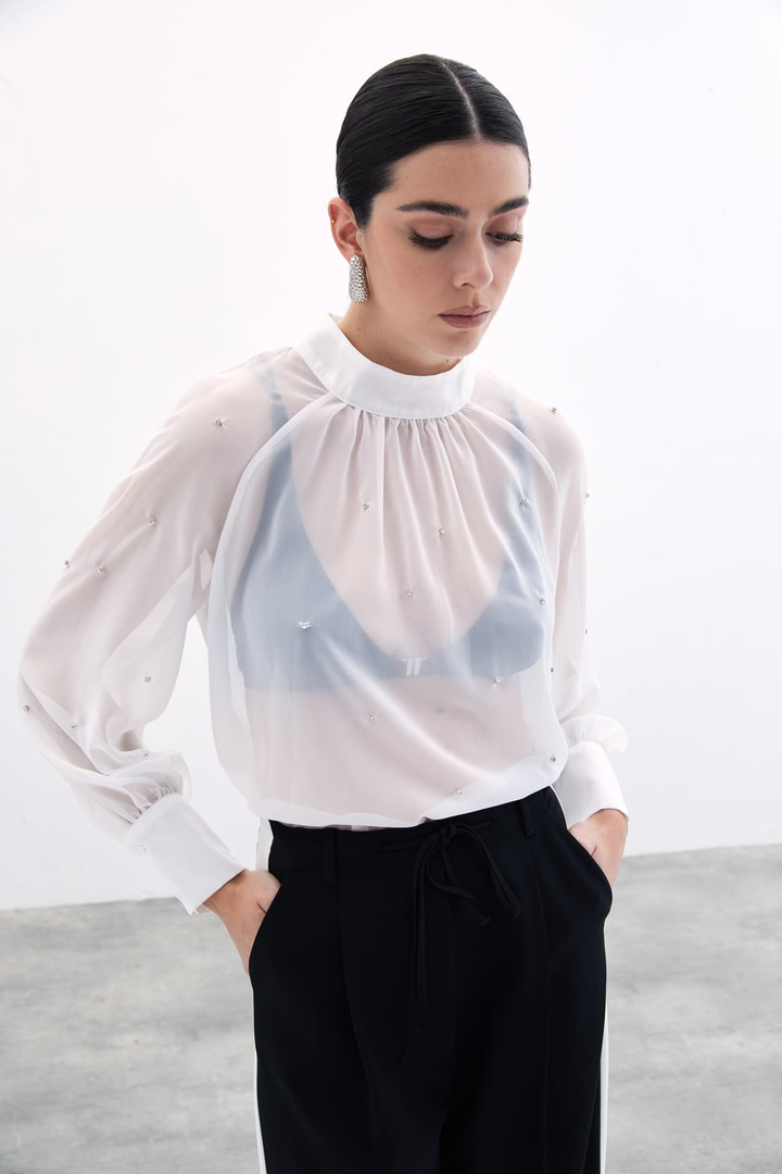 Taş Detaylı Transparan Bluz - Ekru