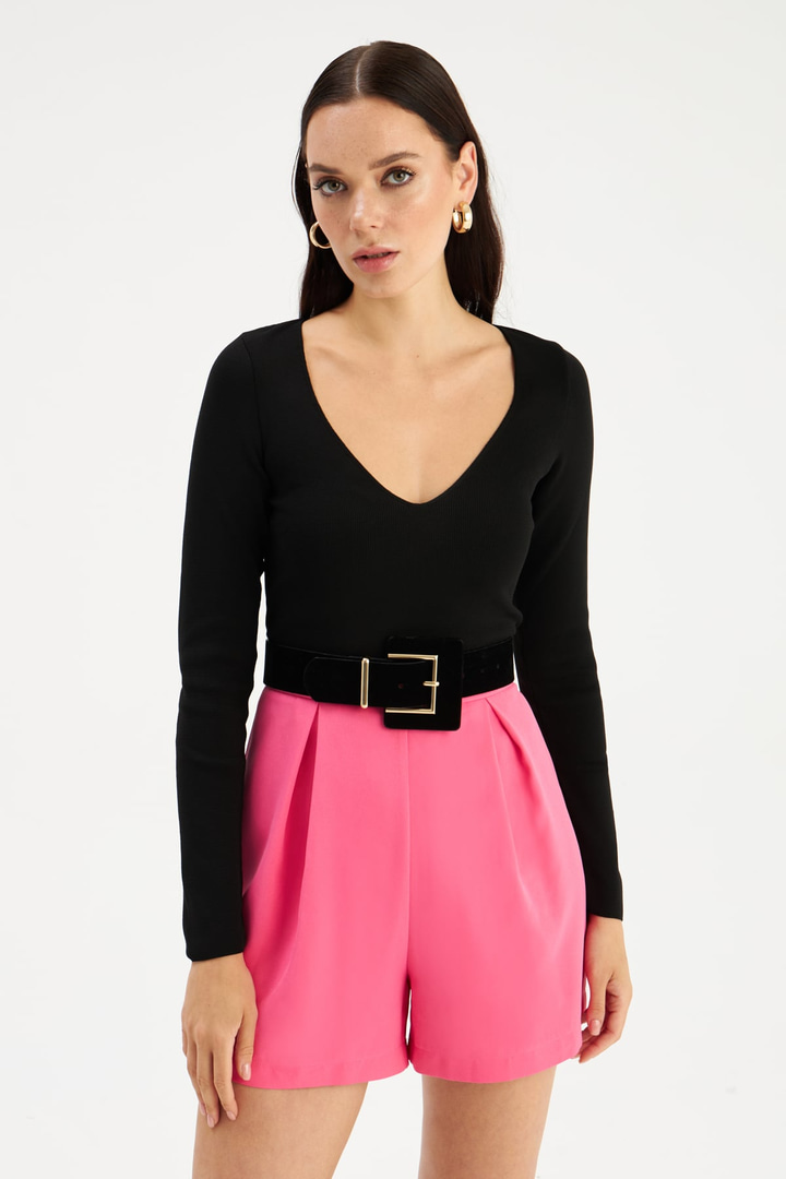 V yaka triko crop - SİYAH