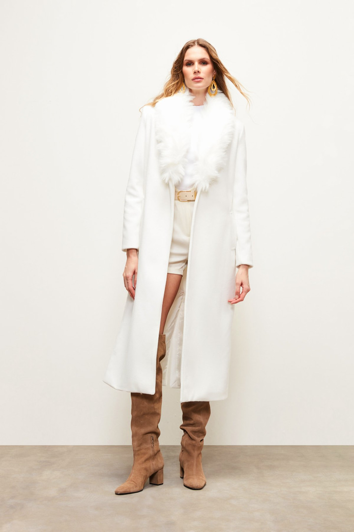 Yaka Kürklü Uzun Kaban - EKRU