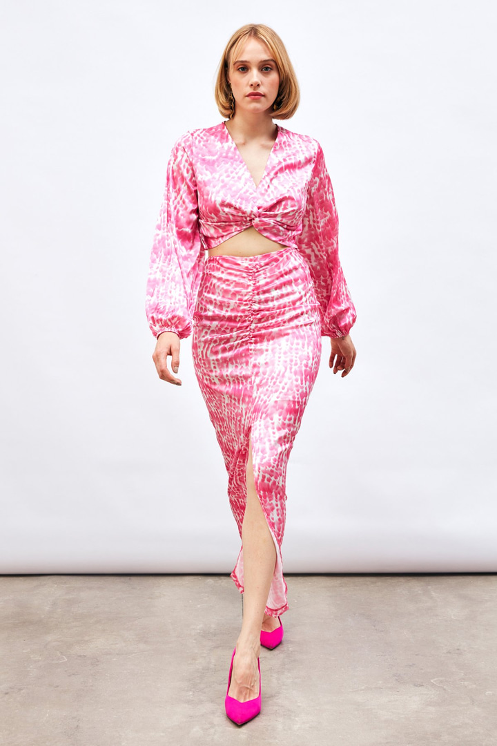 Yırtmaç Detaylı Desenli Midi Etek - PEMBE