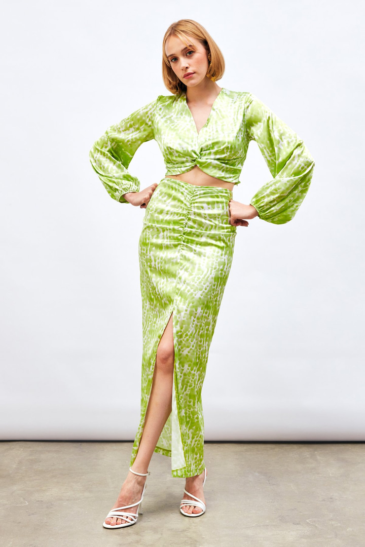 Yırtmaç Detaylı Desenli Midi Etek - YAĞ YEŞİLİ