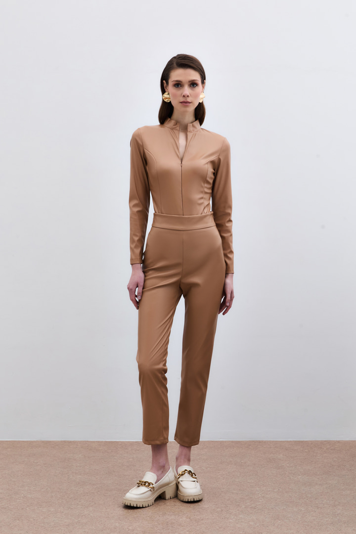 Yüksek Bel Deri Pantolon - Camel