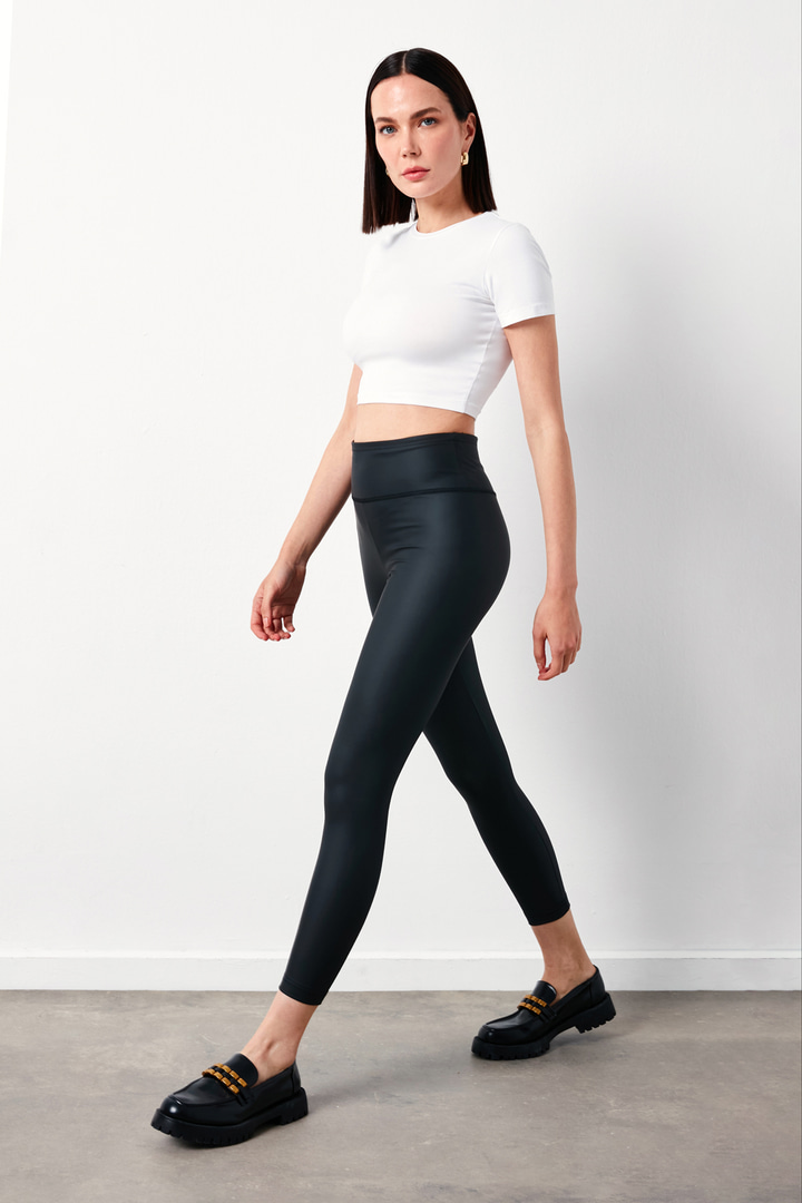 Yüksek Bel Deri Tayt - SİYAH