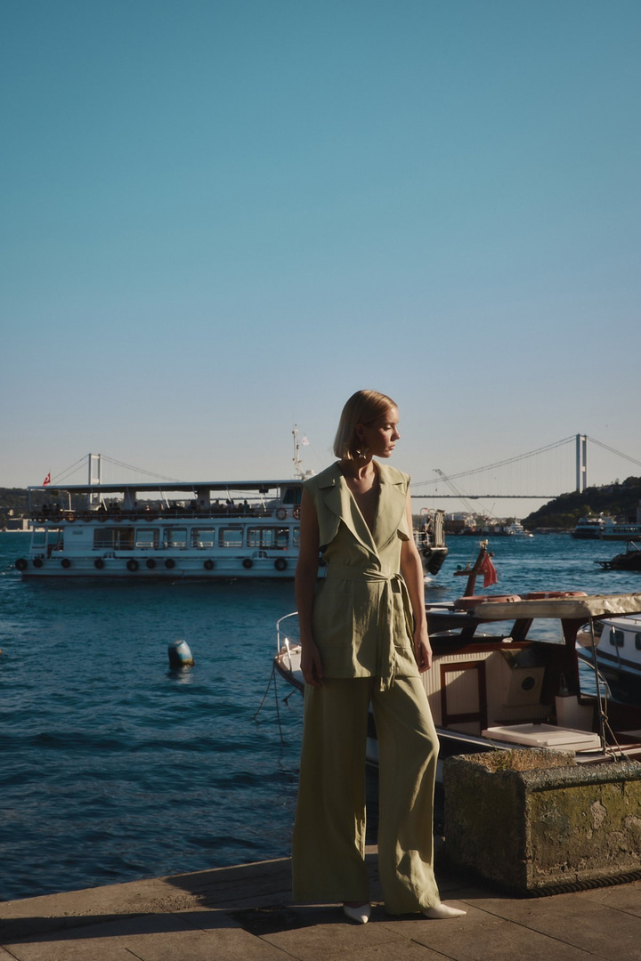 Yüksek Bel Keten Pantolon - Yağ Yeşili