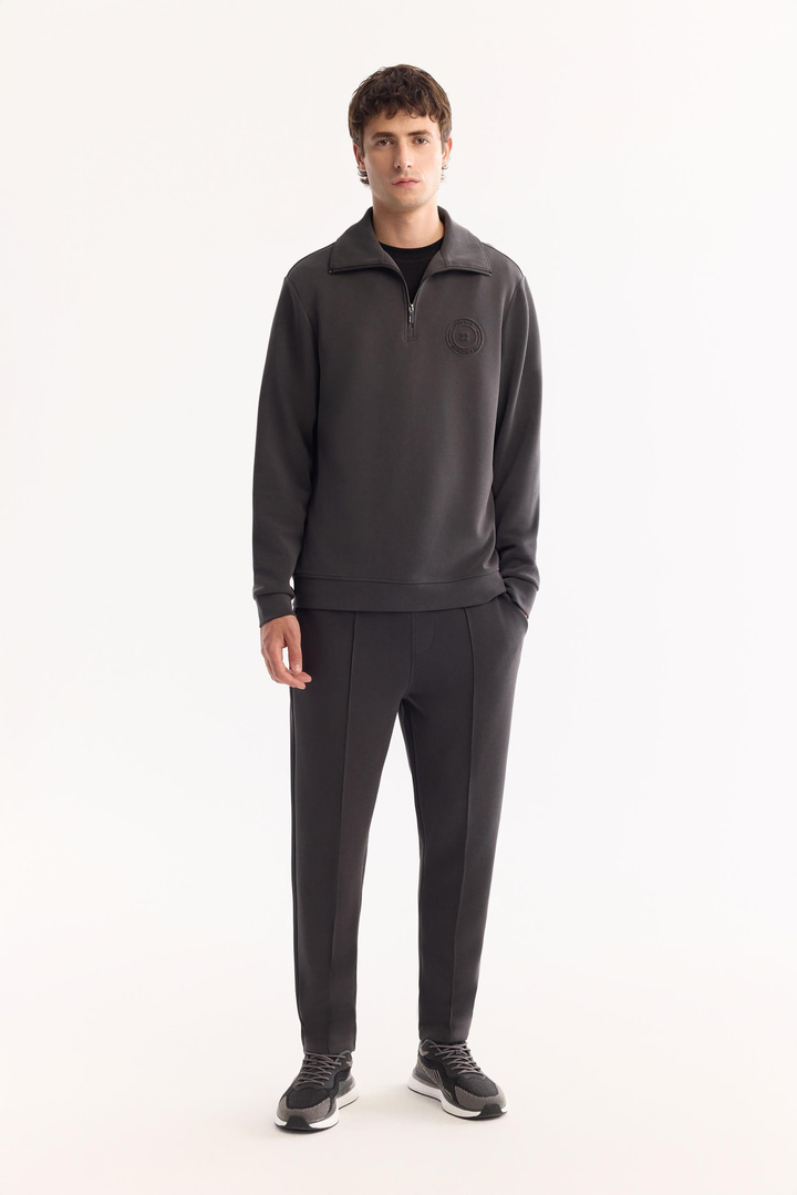 Antrasit Dik Yaka Fermuarlı Soft Touch Baskılı Sweatshirt