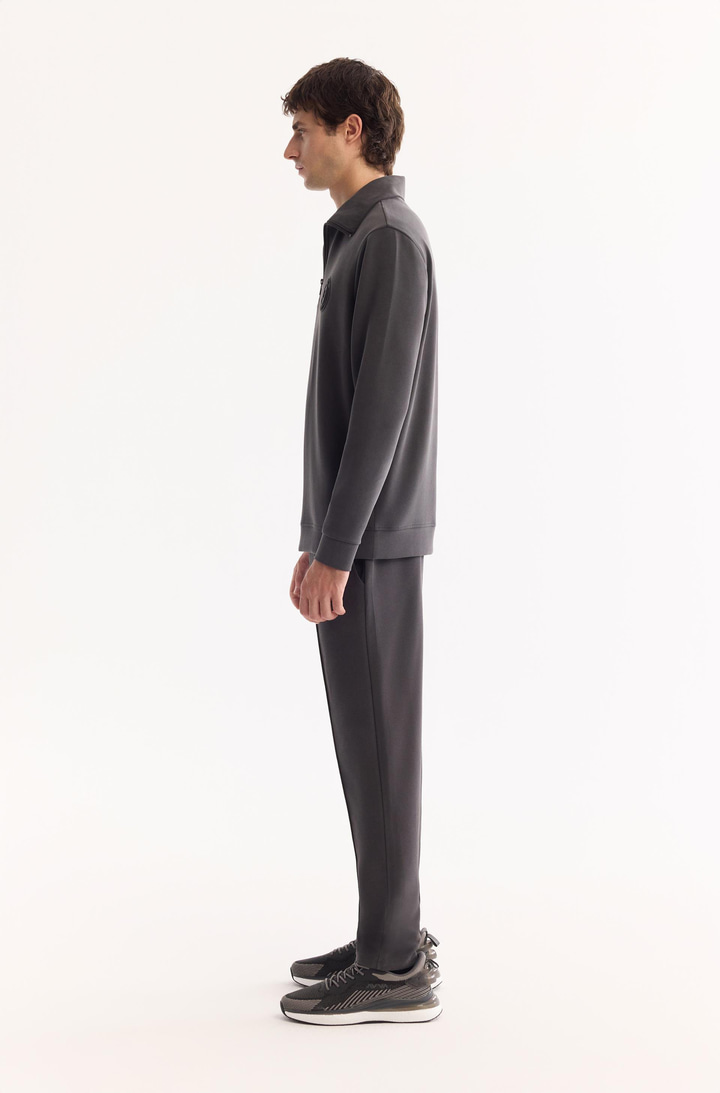 Antrasit Dik Yaka Fermuarlı Soft Touch Baskılı Sweatshirt