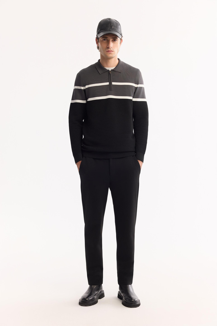 Antrasit Polo Yaka Fermuarlı Çizgili Triko Kazak