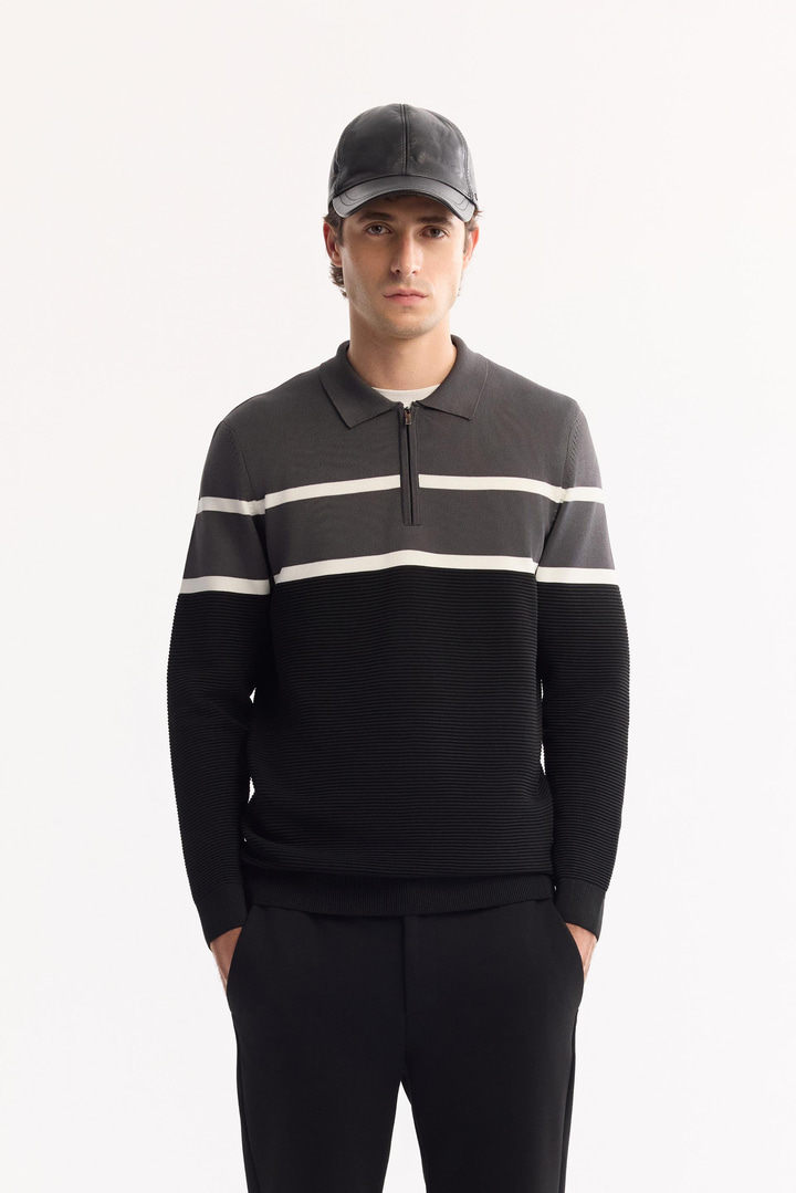 Antrasit Polo Yaka Fermuarlı Çizgili Triko Kazak