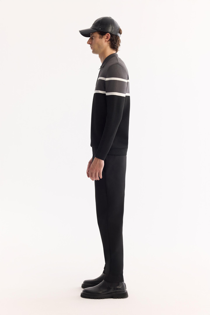 Antrasit Polo Yaka Fermuarlı Çizgili Triko Kazak