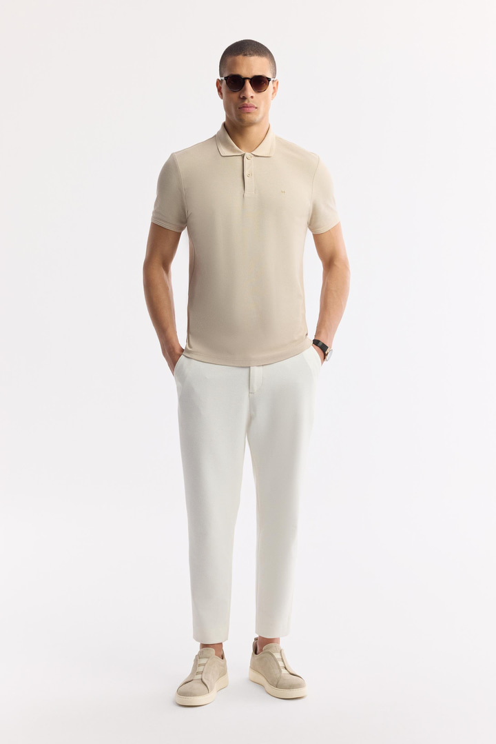 Bej Kıvrılmaz Polo Yaka %100 Pamuk Basic T-Shirt