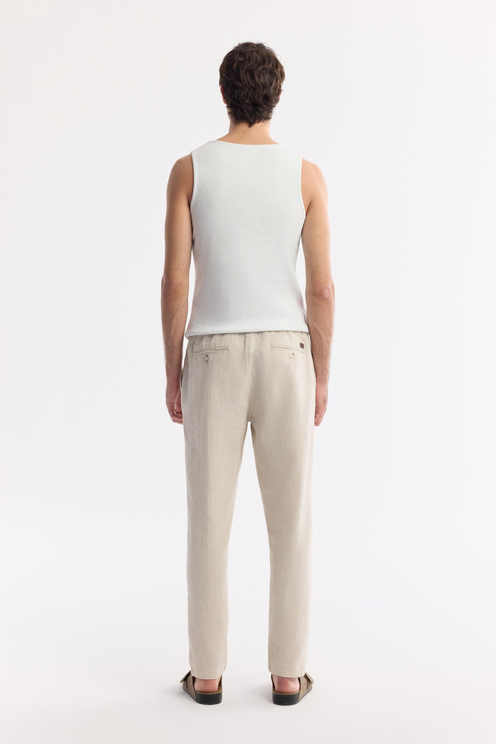 Bej Beli Bağcıklı Keten Karışımlı Chino Pantolon