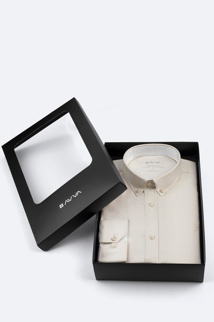 Bej Düğmeli Yaka Hediye Kutulu %100 Pamuk Basic Gömlek