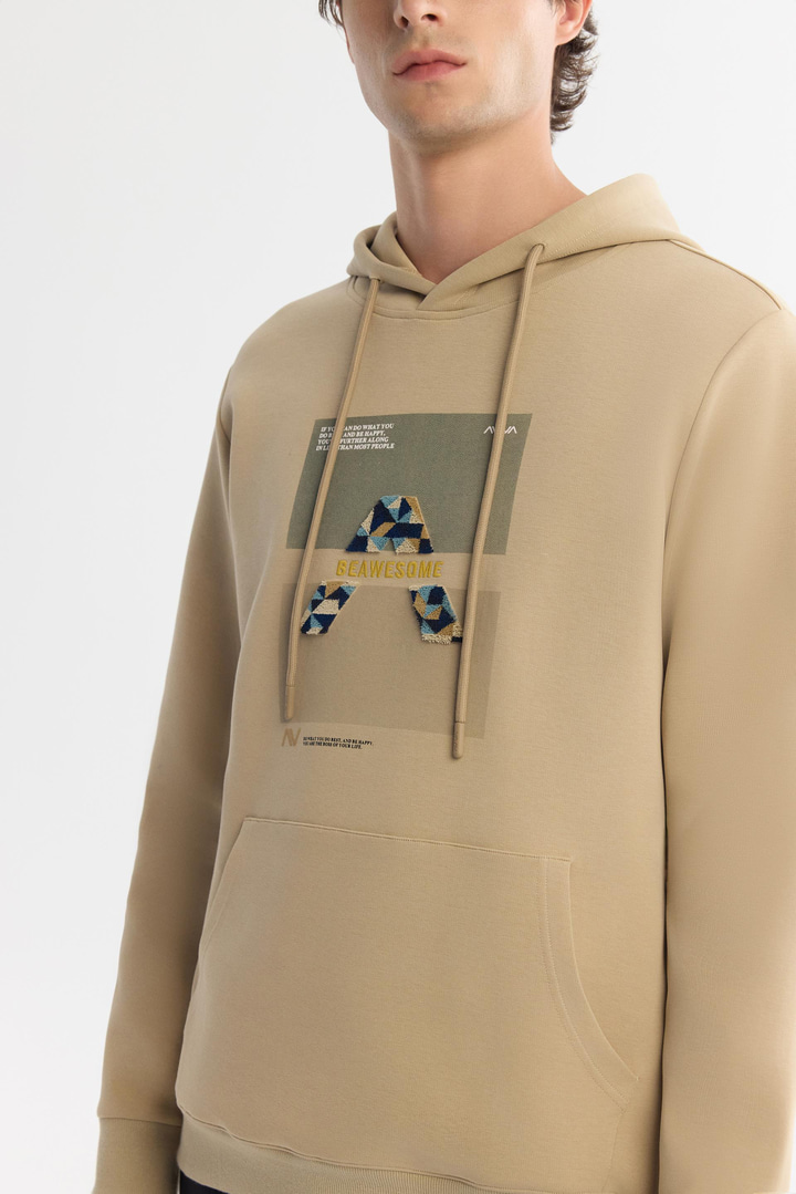 Bej Kapüşonlu Pamuklu Baskılı Elastan Sweatshirt