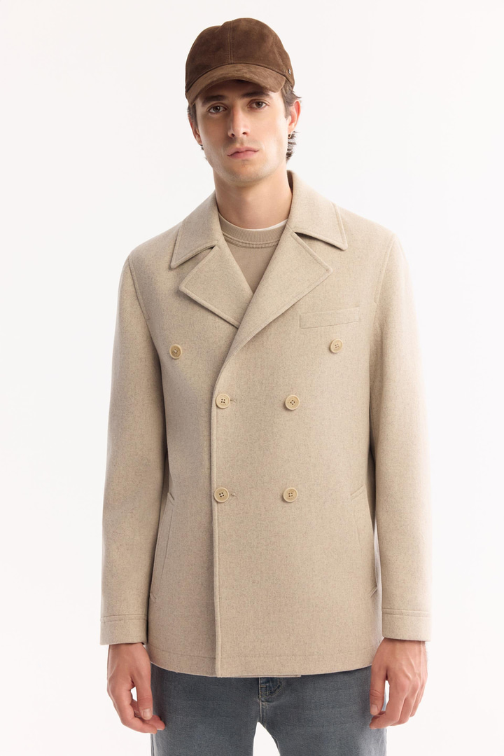 Bej Kruvaze Yün Karışımlı Astarlı Kaşe Kaban