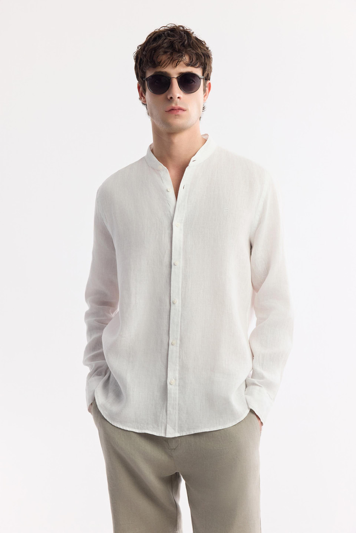 Beyaz Hakim Yaka %100 Keten Gömlek