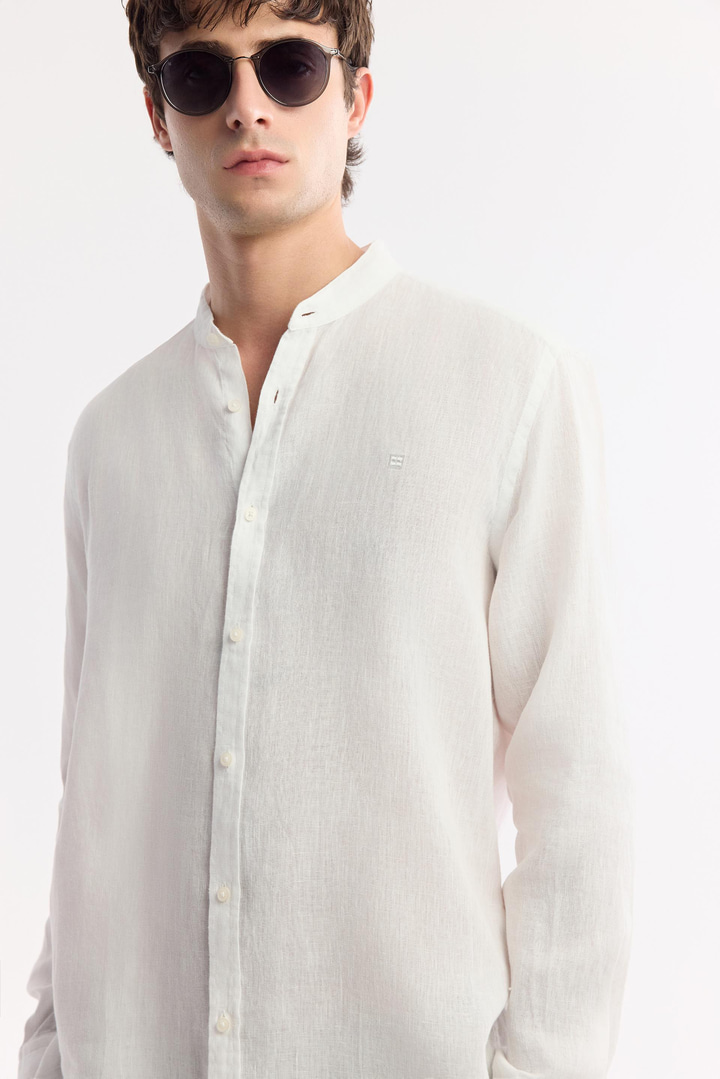 Beyaz Hakim Yaka %100 Keten Gömlek