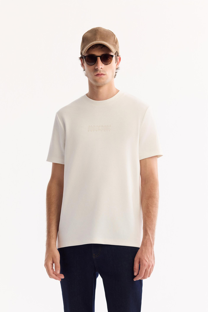 Ekru Bisiklet Yaka Viskon Karışımlı Bi-Stretch Baskılı T-Shirt