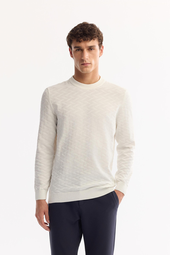 Ekru Bisiklet Yaka Dokulu Triko Kazak