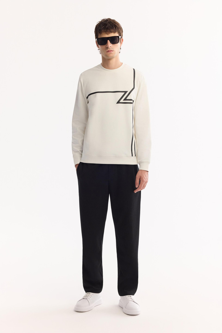 Ekru Bisiklet Yaka Kolay Ütülenen Bi-Stretch Baskılı Sweatshirt