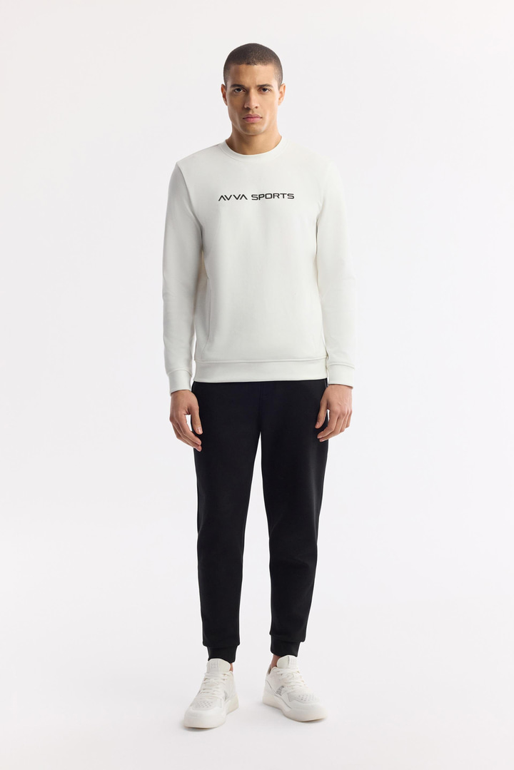 Ekru Bisiklet Yaka Baskılı Bi-Stretch İnterlok Sweatshirt