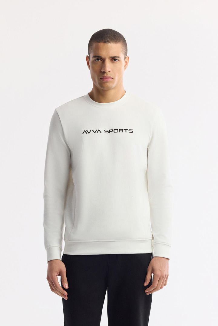 Ekru Bisiklet Yaka Baskılı Bi-Stretch İnterlok Sweatshirt
