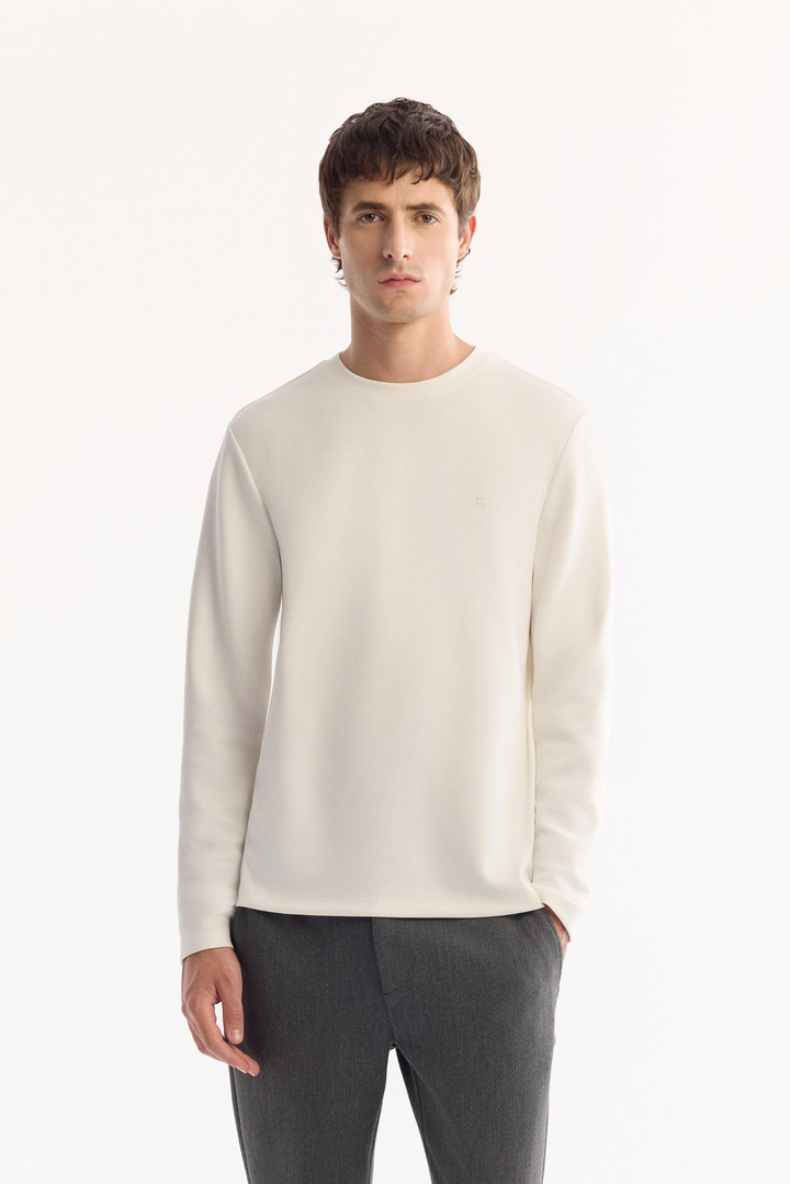 Ekru Bisiklet Yaka Viskon Karışımlı Bi-Stretch Basic Sweatshirt