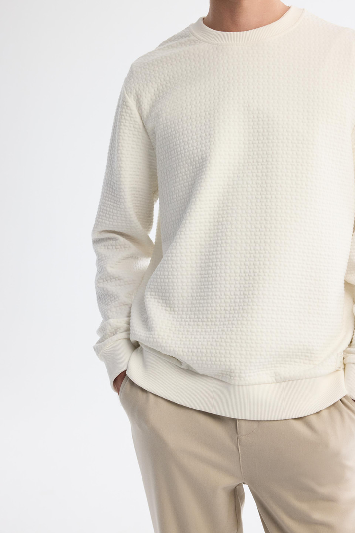 Ekru Bisiklet Yaka Baskılı İnterlok Sweatshirt