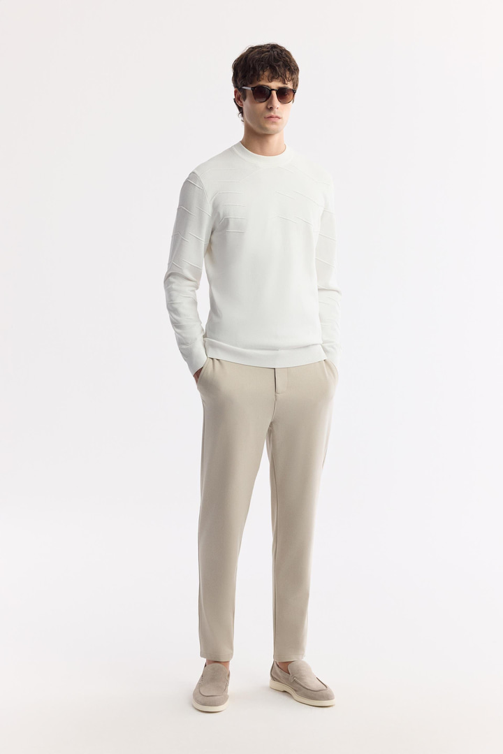 Ekru Bisiklet Yaka Dokulu Rayon Tüylenmeyen Triko Kazak