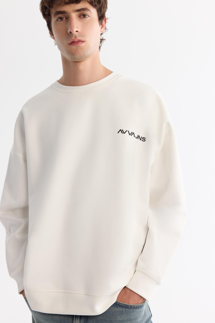 Ekru Bisiklet Yaka Pamuklu Elastan Sweatshirt