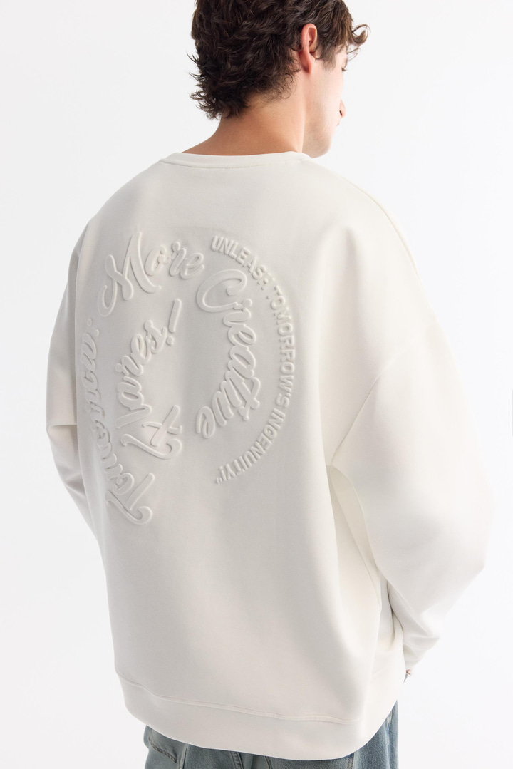 Ekru Bisiklet Yaka Pamuklu Elastan Sweatshirt