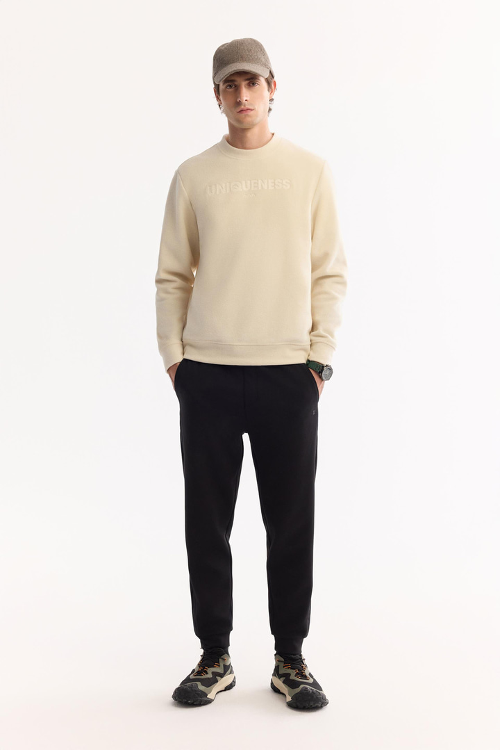 Ekru Bisiklet Yaka Soft Touch Baskılı Polar Sweatshirt