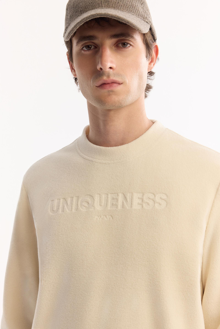 Ekru Bisiklet Yaka Soft Touch Baskılı Polar Sweatshirt