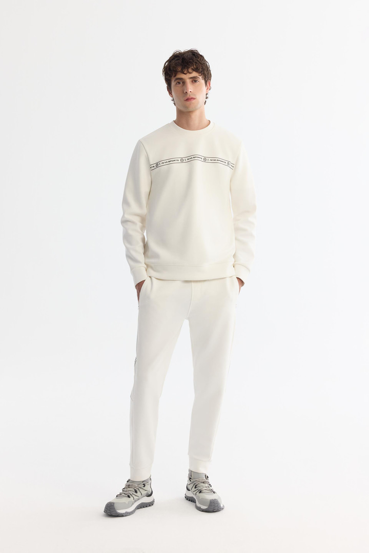 Ekru Bisiklet Yaka Pamuklu Baskılı Elastan Sweatshirt