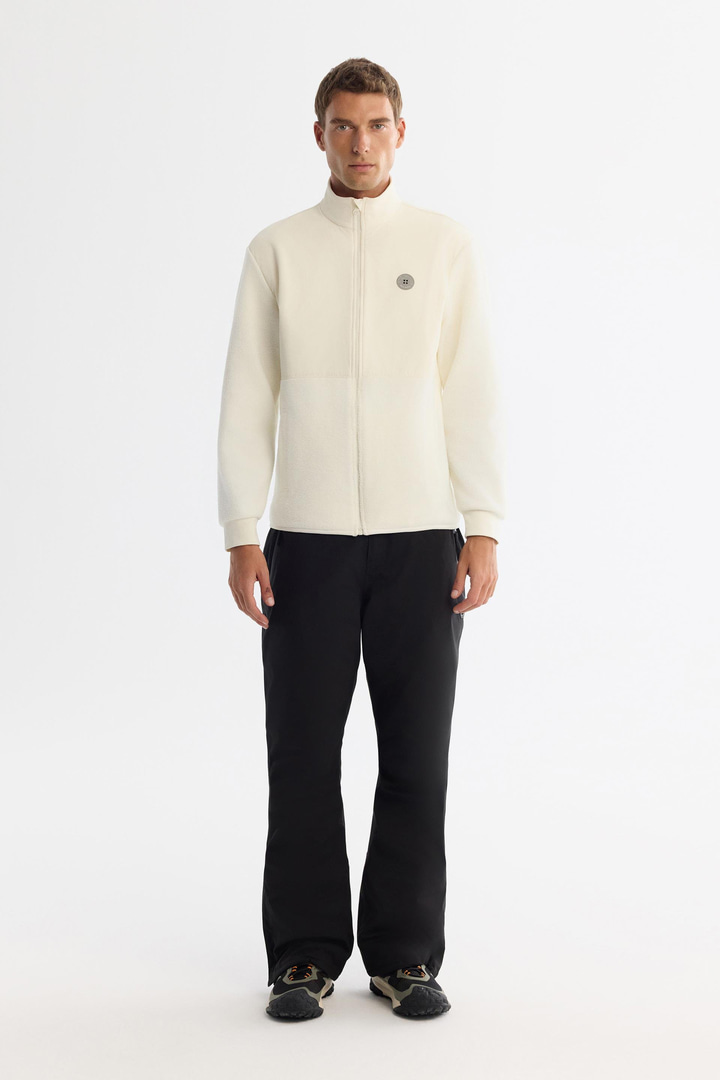 Ekru Dik Yaka Pamuklu Fermuarlı Polar Sweatshirt