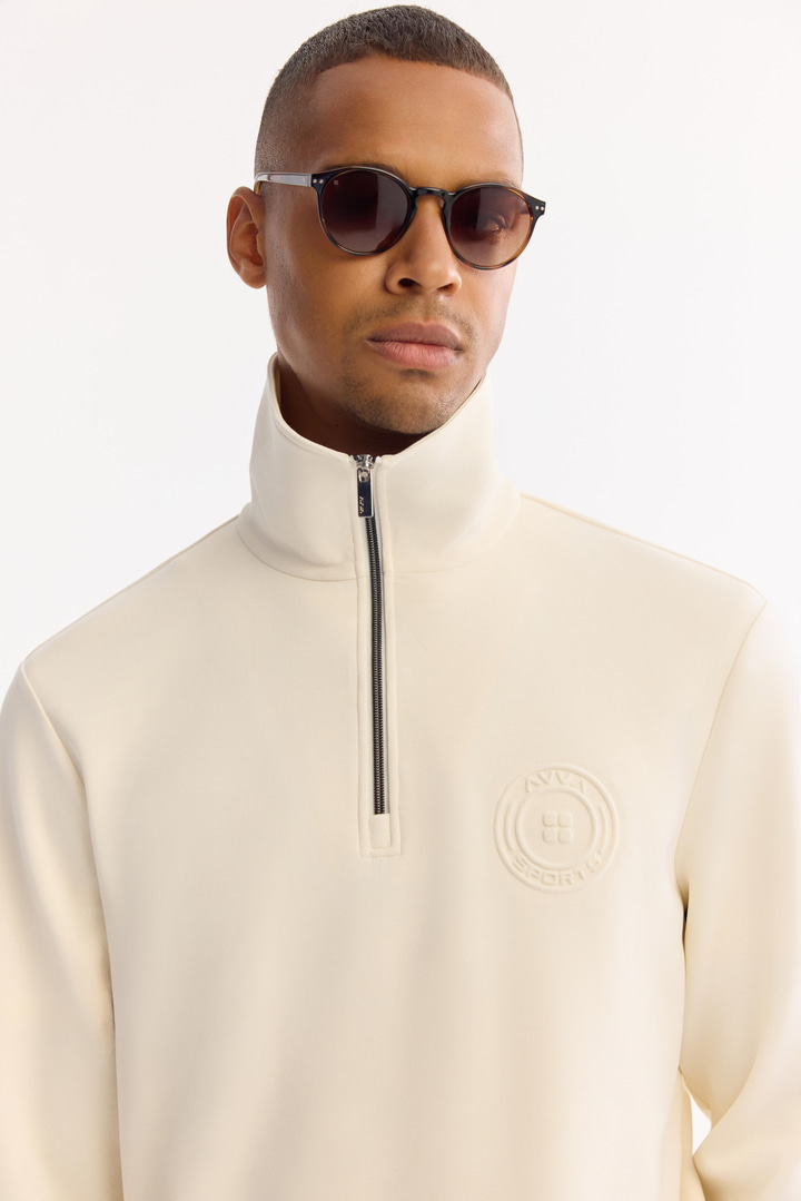 Ekru Dik Yaka Fermuarlı Soft Touch Baskılı Sweatshirt